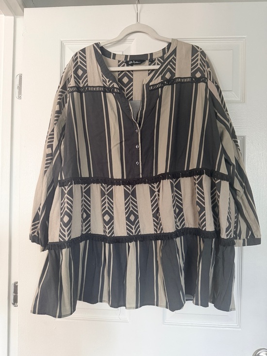 Ulla Popken Tops - Ulla Popken Black & Cream Striped Tiered Tunic